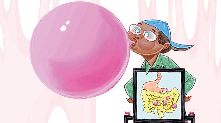 Illustration of a kid blowing large bubble while showing x-ray of gum in intestines
